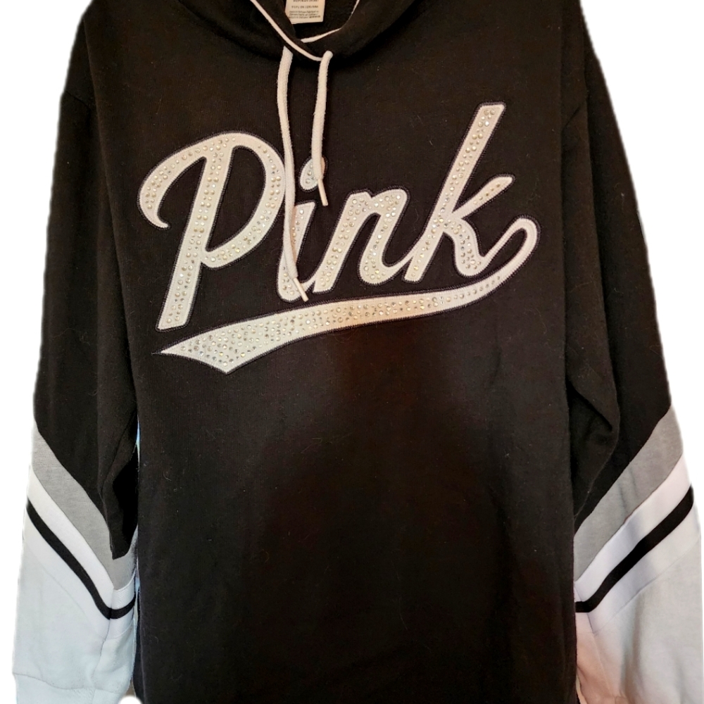 PINK Victoria's Secret Hoodie black and white and crystal sequins sz Small